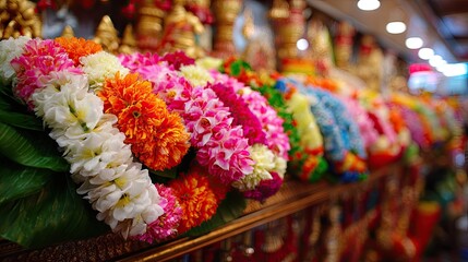 Brightly colored floral garlands symbolizing joy and prosperity at an auspicious event