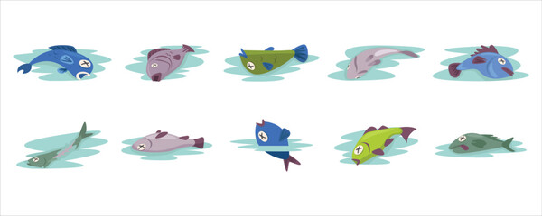 Collection of Dead Fish, dead fish lying on water surface. Dead Fish Vector Set © Budogol