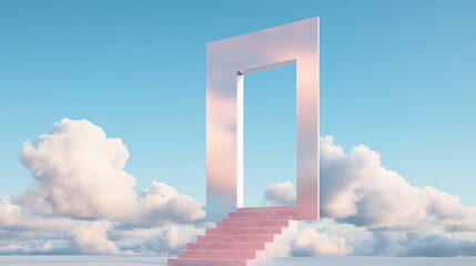 A surreal scene of a doorway amidst fluffy clouds, symbolizing new opportunities and endless possibilities in life.