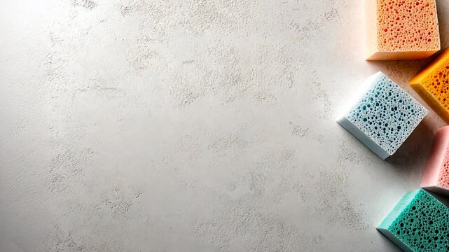 Vibrant porous cleaning sponges on neutral textured surface for household hygiene and domestic tasks