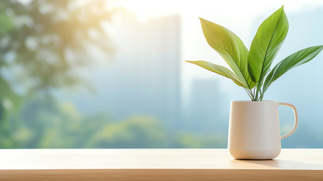 A vibrant green plant in a minimalist pot, basking in sunlight against a soft urban backdrop, adding life to modern interiors. - Powered by Adobe