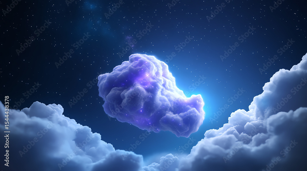 Poster a vivid purple cloud illuminated by starlight, drifting above soft, white clouds, creating a serene 