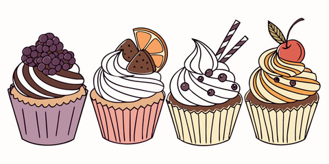 Vintage vector illustration of delicious chocolate cherry cupcakes with pink icing, perfect for a birthday celebration or sweet dessert snack