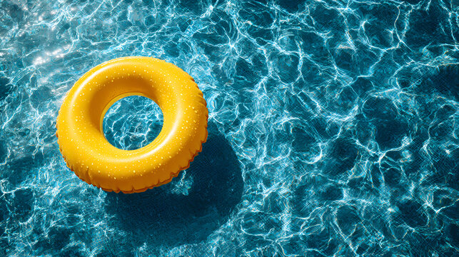 yellow swimming pool ring float in blue water. concept summer background, top view with copyspace