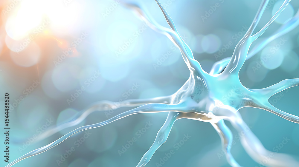 Poster an abstract representation of a neuron, showcasing its intricate structure against a blurred blue ba
