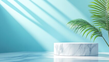 Light-drenched pedestal with palm leaves