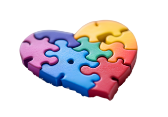  Colorful puzzle pieces coming together to form the shape of a heart on a white background,