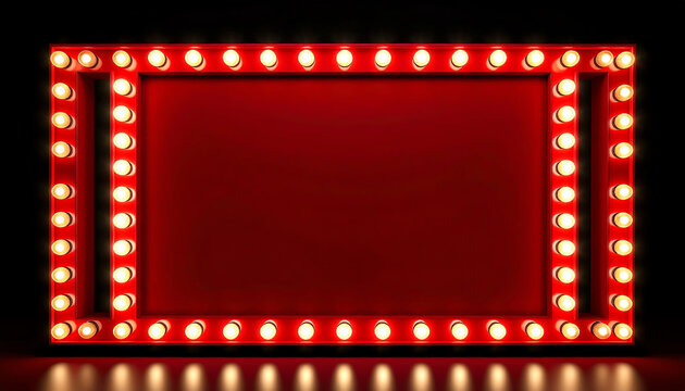 A bright, red marquee frame with light bulbs, perfect for showcasing advertisements, performances, or events, set against a dark background