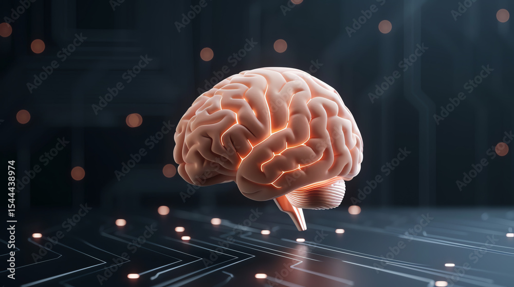 Poster futuristic depiction of a brain on a circuit board, symbolizing technology and artificial intelligen