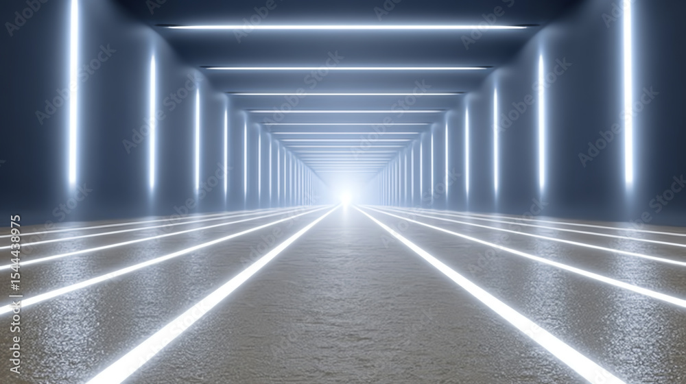 Poster futuristic corridor illuminated with bright lights, symbolizing innovation and advanced technology.