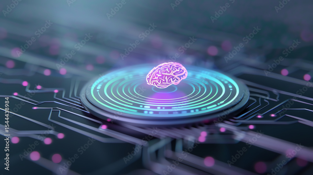 Poster Futuristic depiction of a glowing brain on a circuit board, symbolizing artificial intelligence and advanced technology.