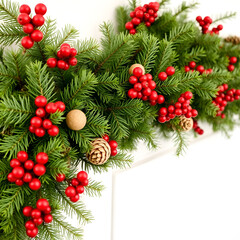 Festive evergreen garland with red berries and pine cones perfect for holiday decorations , Christmas, wreath, greenery
