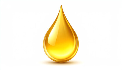 A glossy, golden droplet resembling oil, set against a clean white background, highlighting its smooth texture and vibrant color