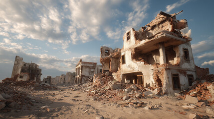 Destroyed building after war, showing damage, debris, and devastation. Captures the impact of conflict, violence, and destruction in an urban environment with dramatic, realistic detail.
