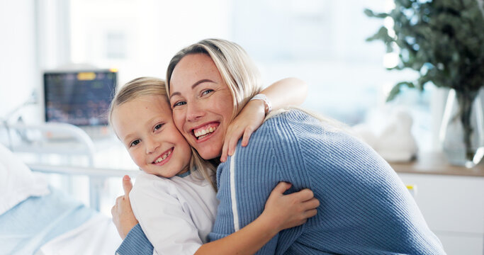 Portrait, hug and kid in hospital, mother and smile with cure, wellness and happiness. Face, parent and family with mama, daughter or embrace with healthcare, recovery or medical service with support