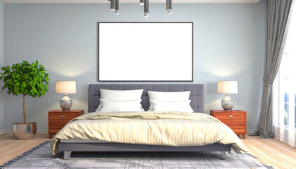 A modern bedroom featuring a cozy bed, stylish nightstands, elegant lamps, and a decorative plant, creating a serene and inviting atmosphere