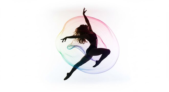Dynamic dancer leaps gracefully through vibrant rainbow light trails. AI Generated