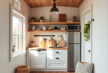 Compact tiny house kitchen with clever storage solutions
