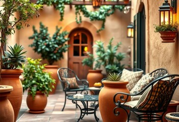 Obraz premium Warm and inviting Mediterranean-style patio with terracotta pots and wrought-iron furniture