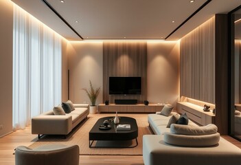 Modern smart home living area with integrated lighting and sound systems