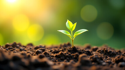New Growth's Beginning: A tender, vibrant seedling, bathed in golden sunlight, emerges from the fertile earth, symbolizing new beginnings, growth, and the delicate beauty of the natural world.