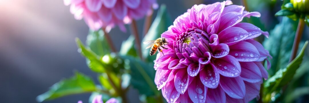A bee collecting pollen from a vibrant purple dahlia flower covered in water droplets in soft sunlight - Powered by Adobe