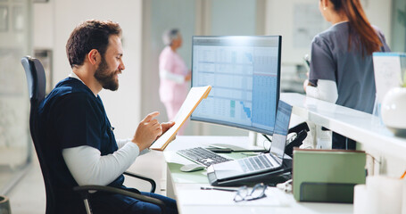 Naklejka na ściany i meble Documents, receptionist and nurse or man in hospital for doctor appointment, reading and schedule. Healthcare administration, medical consultant and paperwork with person in clinic for insurance