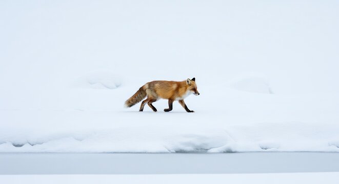 Red fox gracefully walks snowy landscape near frozen lake soft winter light. AI Generated