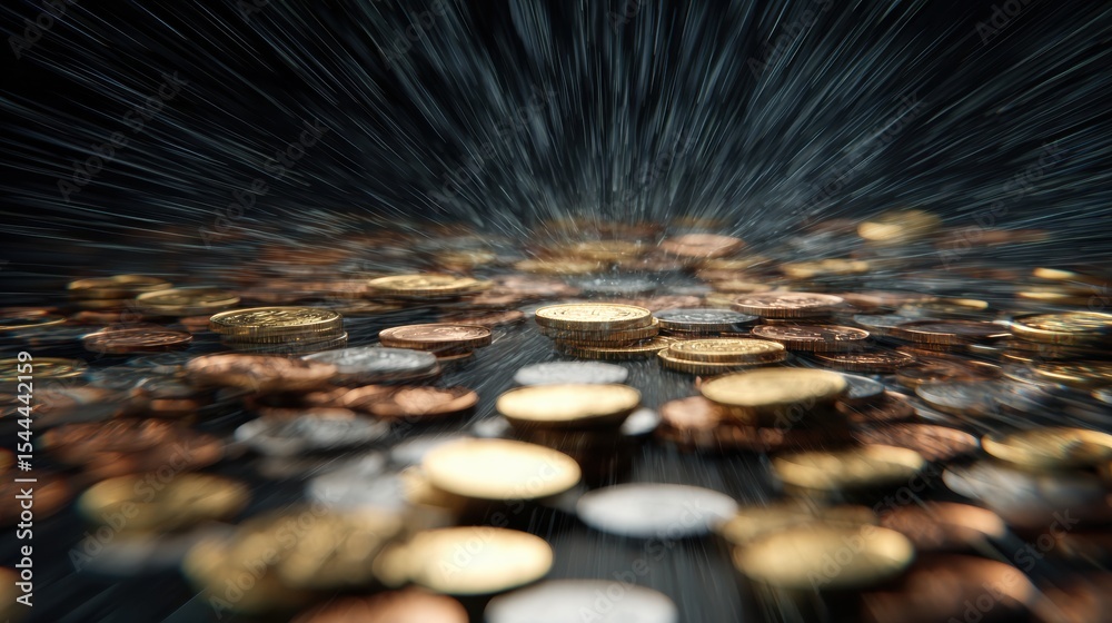 Poster dynamic explosion of digital coins with blur motion creating a vibrant display of currency in a dark