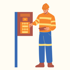 set of an Electrician Man Repairing Electrical Box Cartoon Illustration