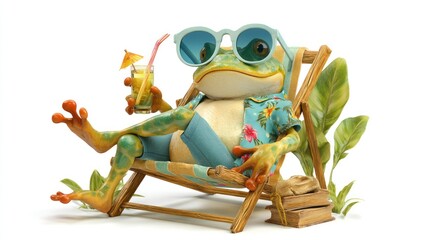 Obraz premium A humorous scene of a cartoonish frog wearing oversized sunglasses and lounging on a tiny beach chair with a mini drink, summer vibe, white background.