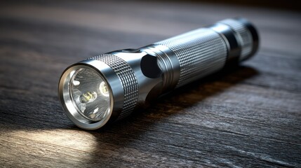 Close-up of a sleek, modern LED flashlight resting on a wooden table, with soft ambient light highlighting its metallic texture.