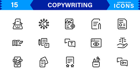 Copywriting Icon Set Featuring Content Creation, Writing, Editing, Marketing, and Communication Symbols in a Professional, Vector-Based Design