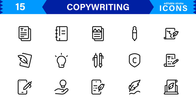 Copywriting Icon Set Featuring Content Creation, Writing, Editing, Marketing, and Communication Symbols in a Professional, Vector-Based Design