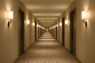 Modern Hotel Hallway Interior Design with Elegant Lighting and Symmetry