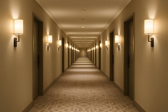 Modern Hotel Hallway Interior Design with Elegant Lighting and Symmetry