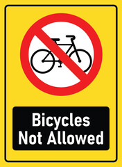 bicycle not allowed sign. No bike zone sign. Parking sign with yellow background