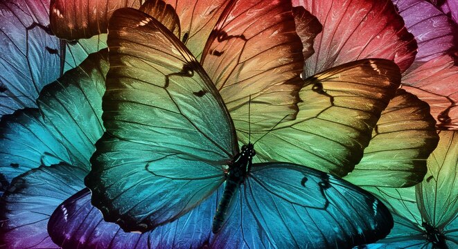 Regenbogenfarbene Schmetterlinge leuchten intensiv im sanften Licht. AI Generated