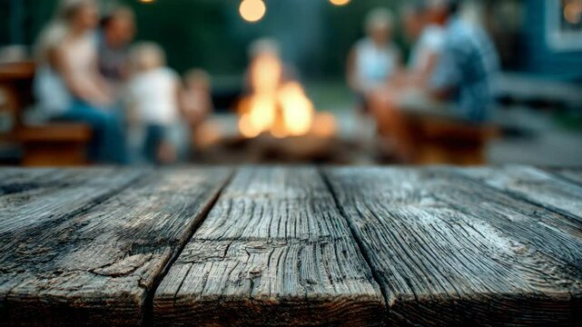 Wooden table in foreground with family gathering around campfire  