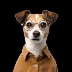 Dog wearing nerdy glasses and button down shirt poses against black background, exuding charming and intellectual vibe. This adorable pet captures attention with its unique style and expression