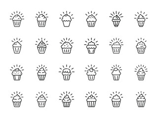 Glowing Cupcake Icon Set – Hand Drawn Outline Vector Illustrations of Sweet Cupcakes with Radiant Highlights for Bakery, Dessert Menus, and UI Design