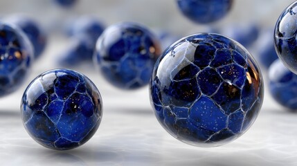Naklejka premium Floating blue glass spheres with hexagonal patterns in abstract background