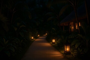Serene Tropical Garden Pathway with Evening Lanterns and Lush Foliage