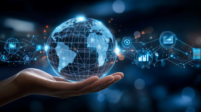 Hand holding digital globe with futuristic data and network icons – global technology and innovation concept