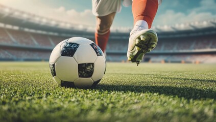 Fototapeta premium Close-up of soccer player in action, kicking ball on a stadium field