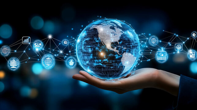 Hand holding digital globe with futuristic data and network icons – global technology and innovation concept