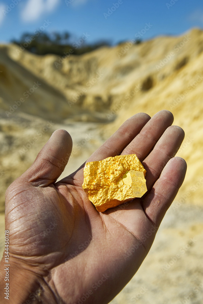 Aufkleber Hand holds uranium in open mining site under bright sky Generative AI