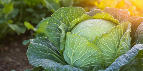 Fresh green cabbage with dew in morning sunlight Generative AI