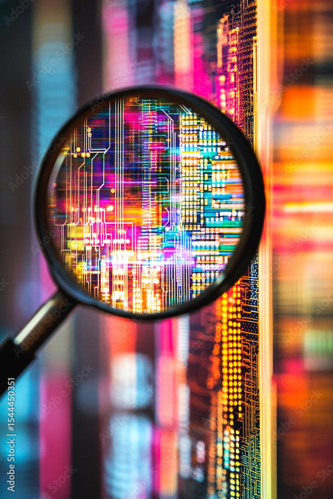Aufkleber magnifying glass revealing vibrant circuit patterns and colors generative ai