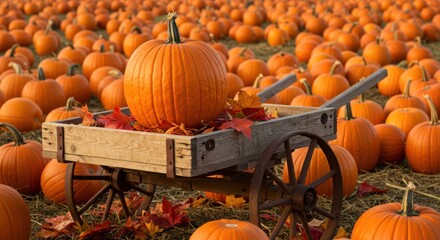 Vibrant Pumpkin Patch with Wheelbarrow Loaded with Fresh Pumpkin Surrounded by Rows of Bright Orange Pumpkins on a Clear Autumn Day